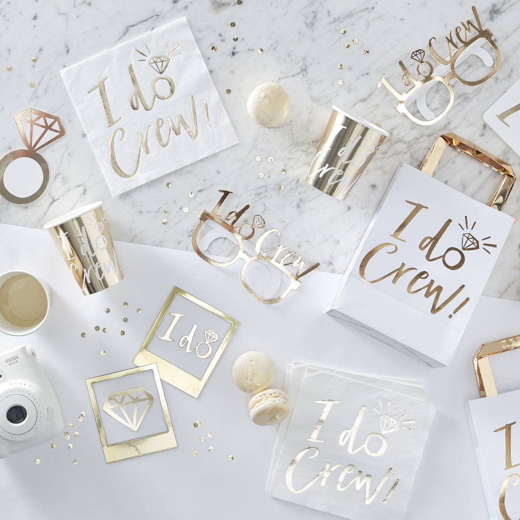 "I Do Crew" White and Gold Engagement Party