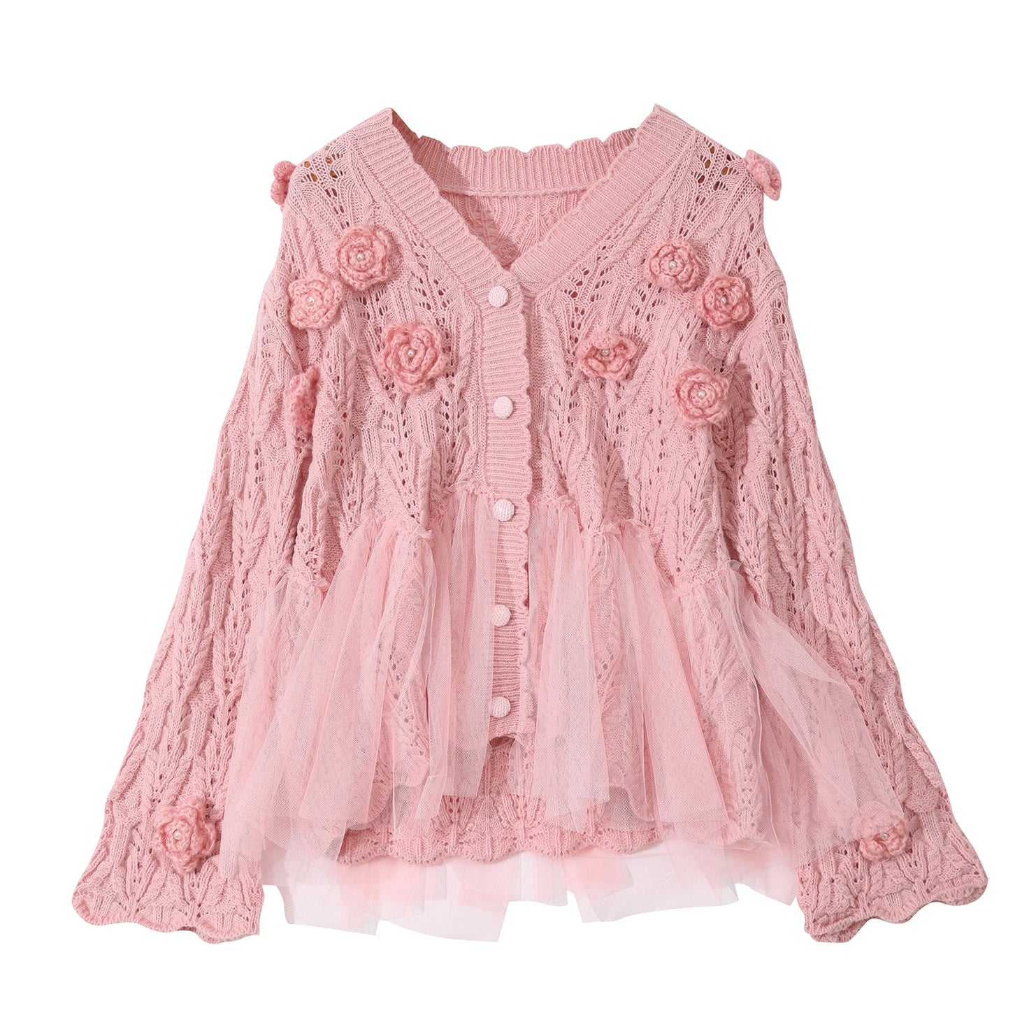 Knitted Cardigan with Lace Detail - Pink