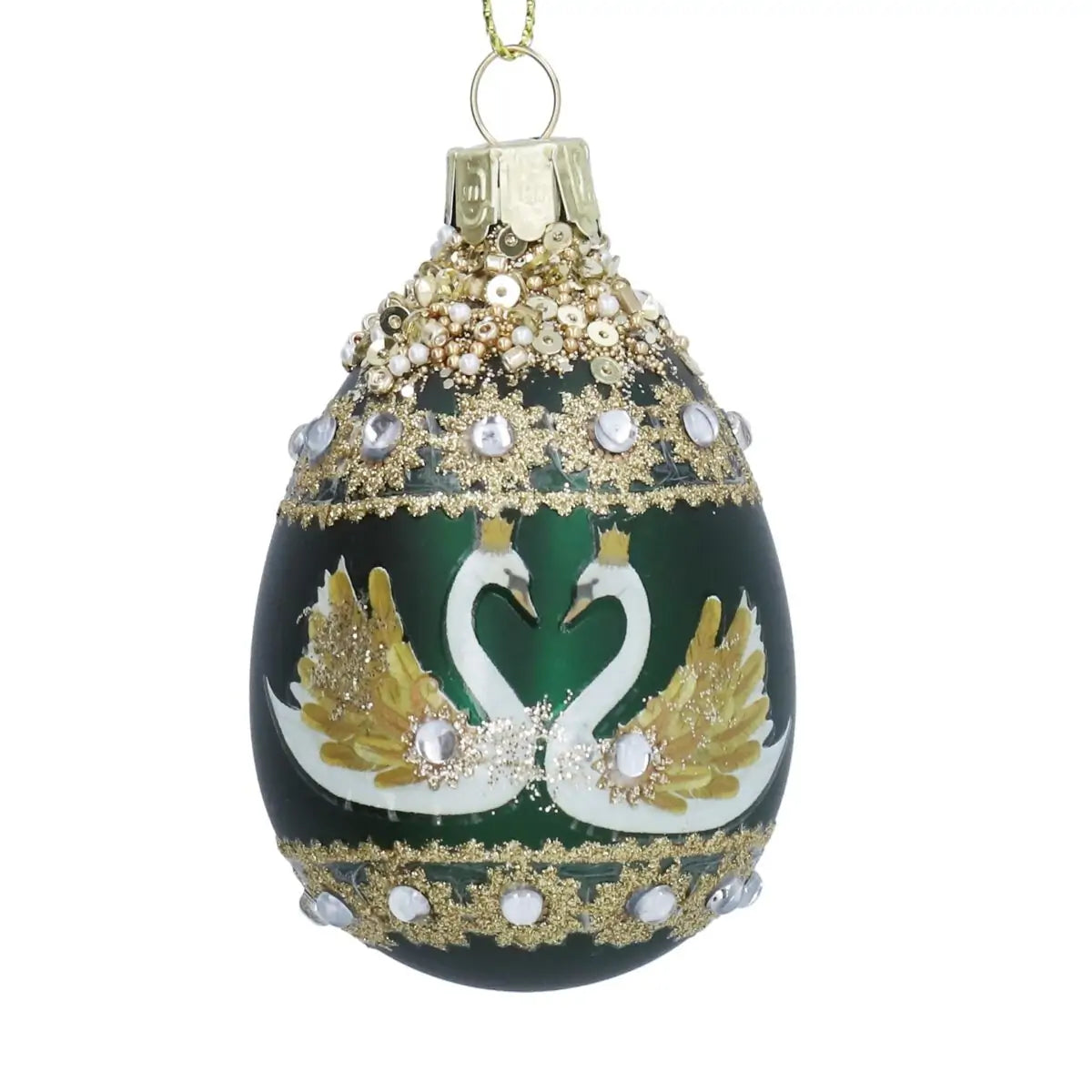 Dark Green Swan Glass Egg Ornament - 7 cm