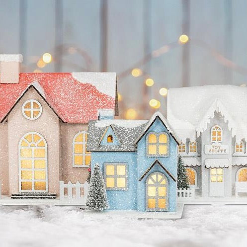 Medium Pink Snowy Glitter House with LED Lights | Putti Christmas Villages