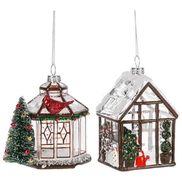 Greenhouse Glass Ornament with Red Watering Can | Putti Christmas Decorations