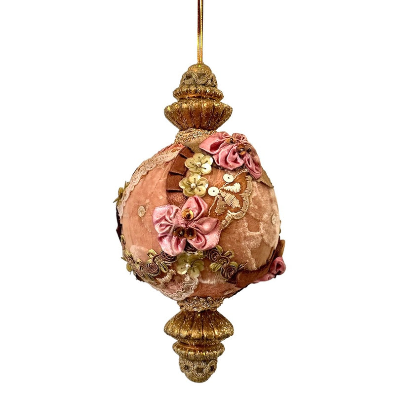 Large Pink Floral Velvet Finial Ornament | Putti Christmas Decorations