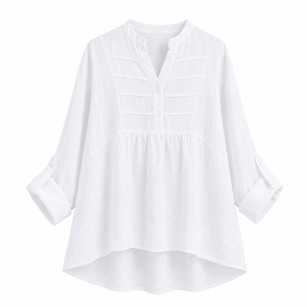 Plain Pleated Front Dip Hem Linen Tunic Top - White