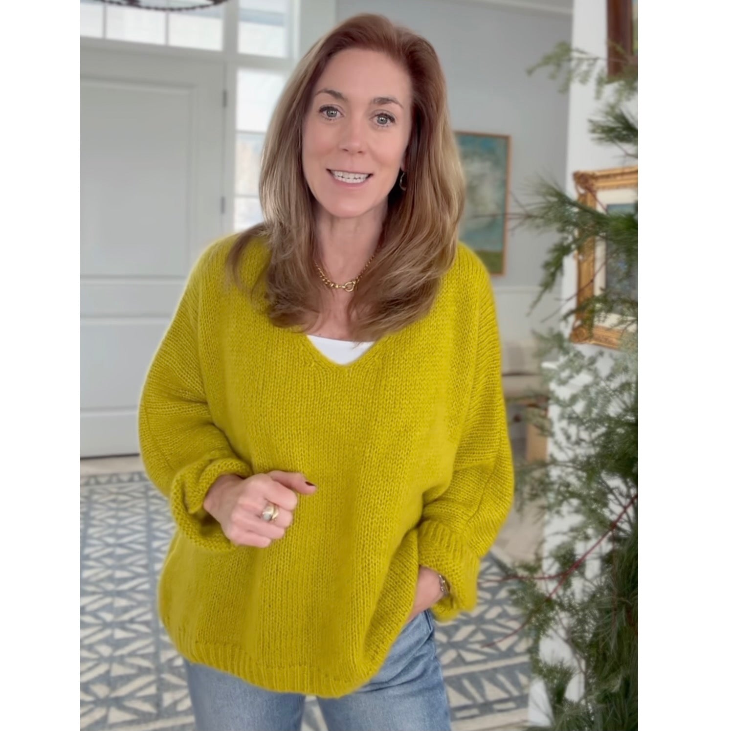 Mohair Blend V-Neck Sweater - Sarah's Chartreuse Green - Putti Fine Furnishings