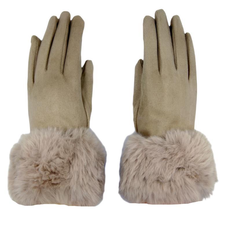 Fur Trimmed Ultra Suede Gloves - Beige | Putti Fine Fashions