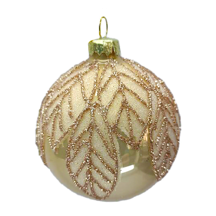 Shiny Gold with Beaded Leaf Glass Ball Ornament | Putti Christmas Decorations