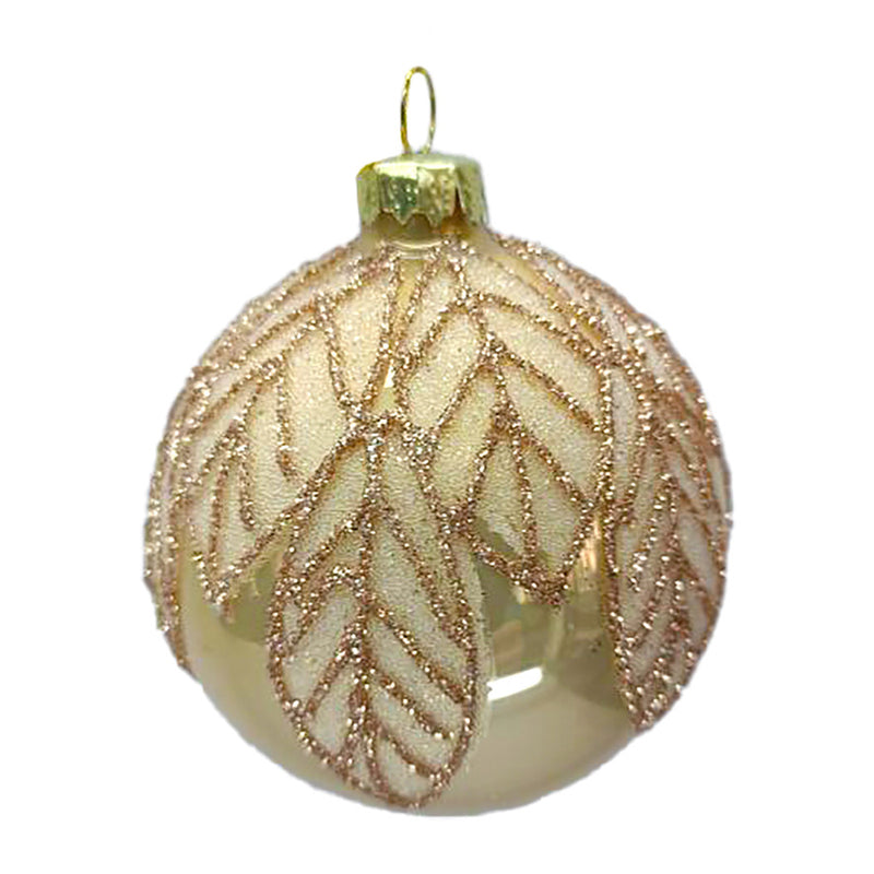 Shiny Gold with Beaded Leaf Glass Ball Ornament | Putti Christmas Decorations