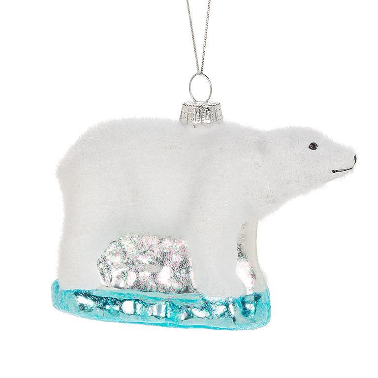 Flocked Polar Bear Glass Ornament | Putti Christmas Canada