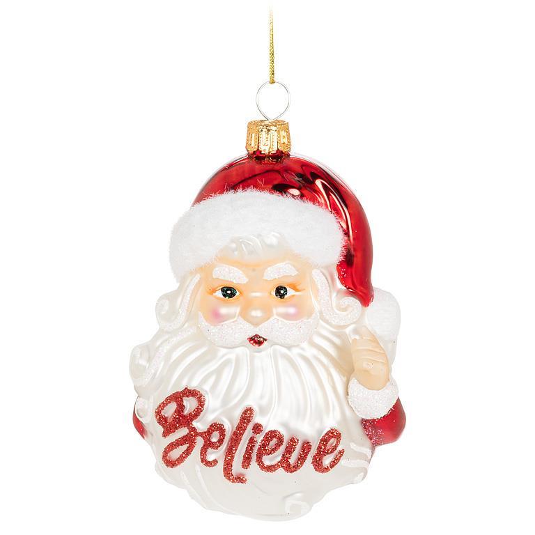 Santa Head “Believe” Glass Ornament | Putti Christmas Decorations