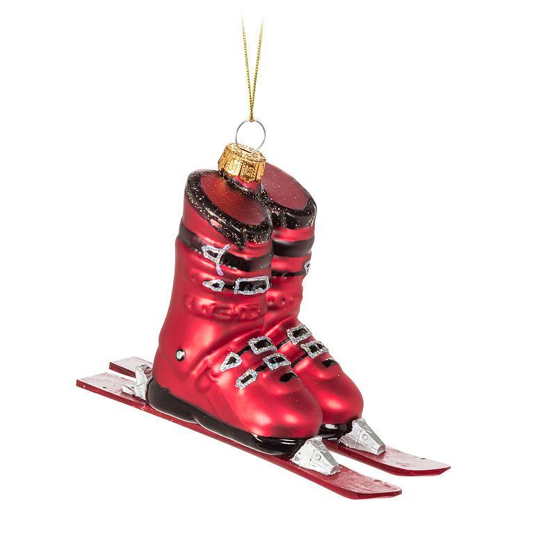 Red Downhill Boots and Skis Glass Ornament | Putti Christmas