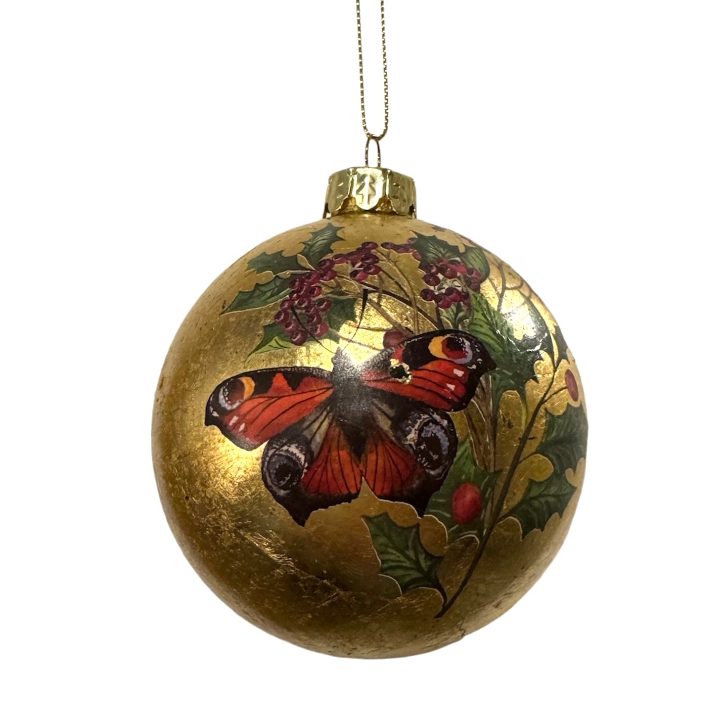 Gold with Butterflies and Branches Glass Ball Ornaments