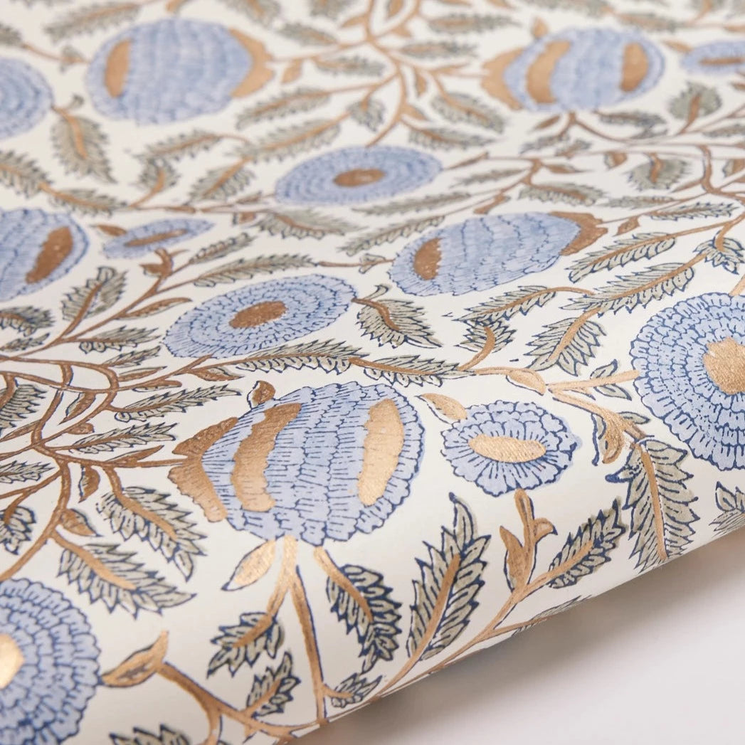 Hand Block Printed Gift Wrap Sheets - Marigold Glitz Blue Stone