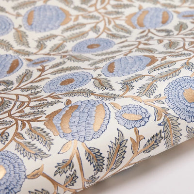 Hand Block Printed Gift Wrap Sheets - Marigold Glitz Blue Stone