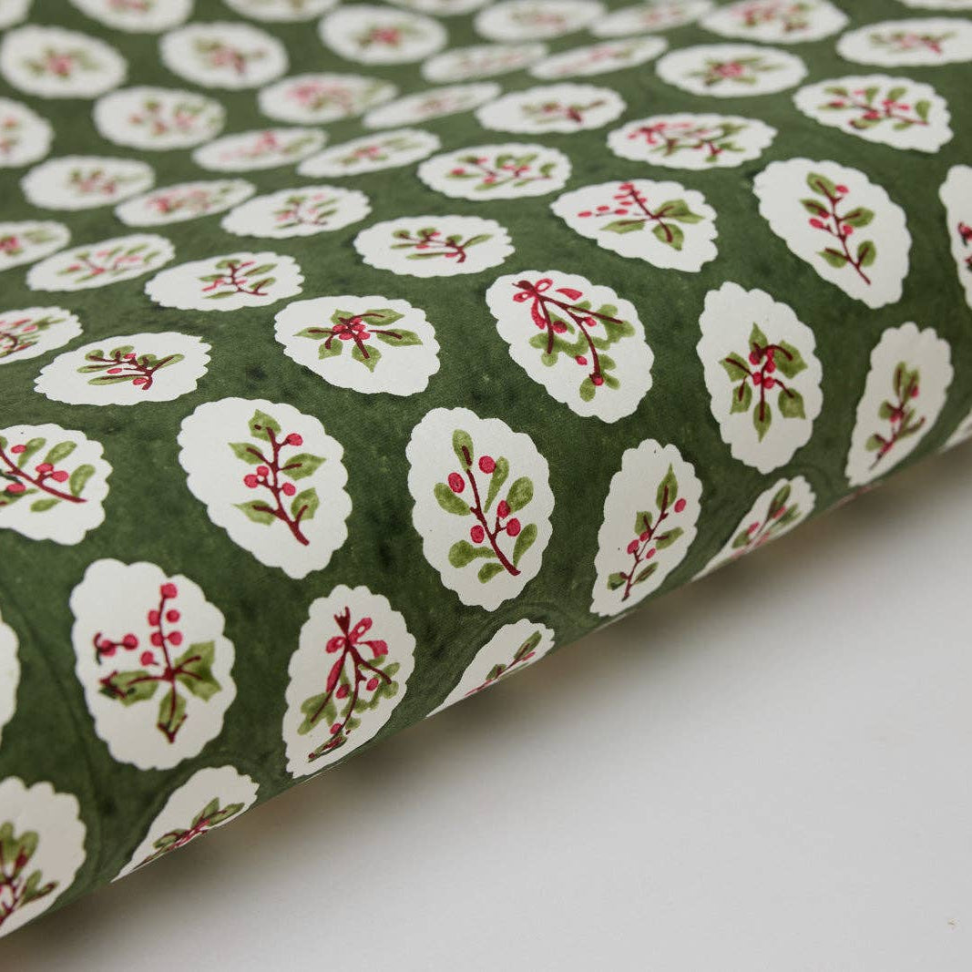 Paper Mirchi Block Printed Wrapping Paper Sheet - Scallop Tiles Holly Green