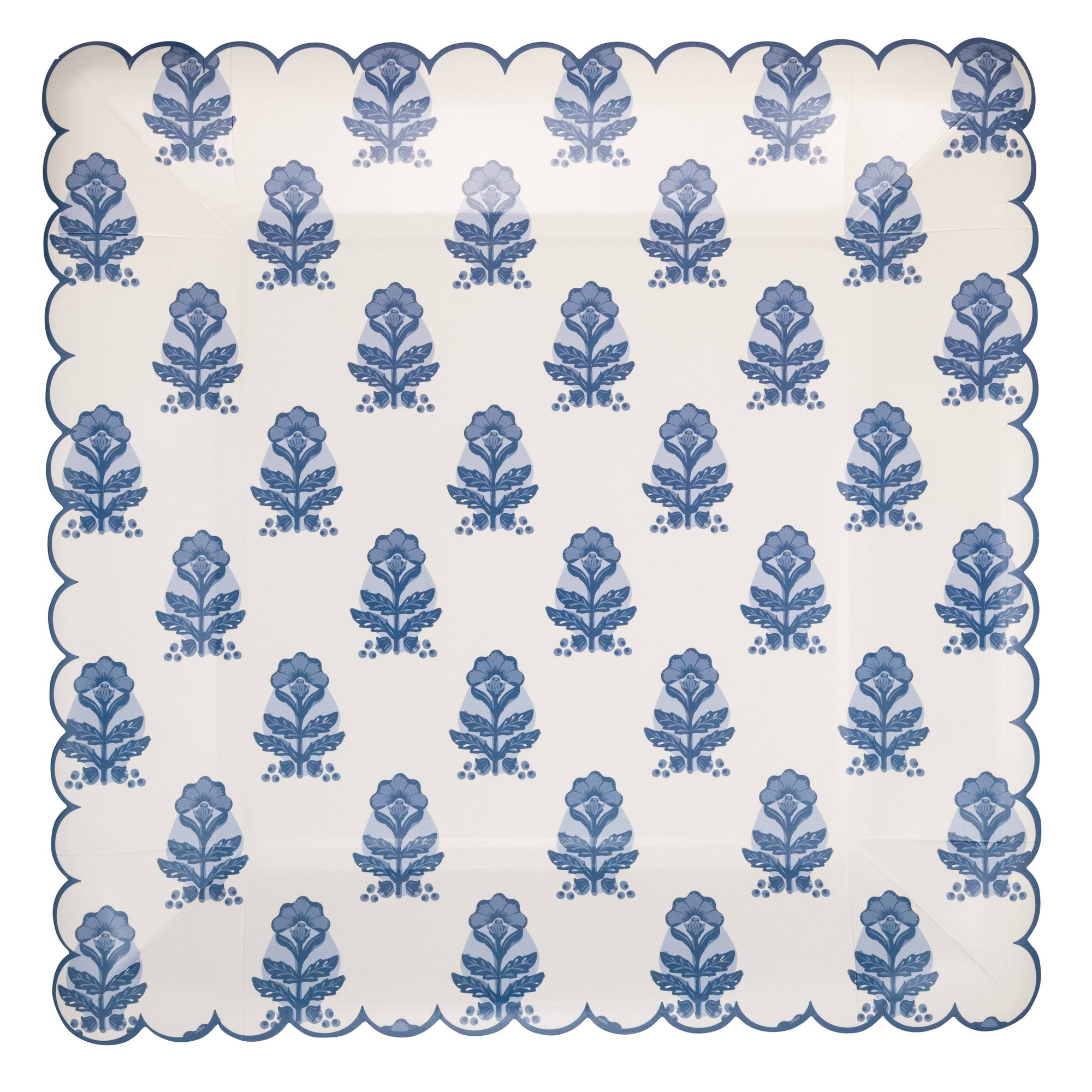 Blue Flower Block Print Square Paper Plate