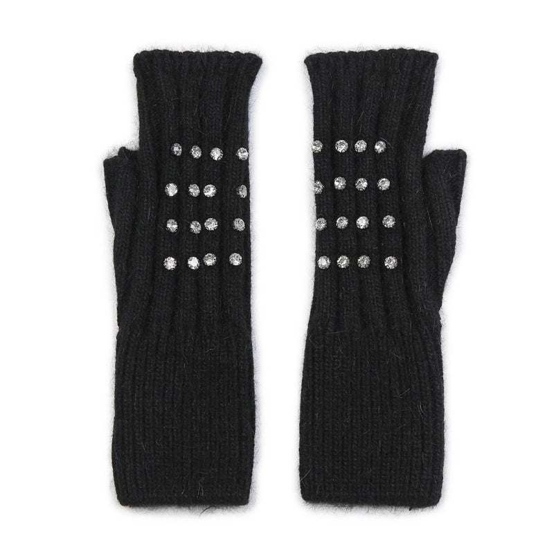 Crystal Studded Knitted Fingerless Gloves - Black