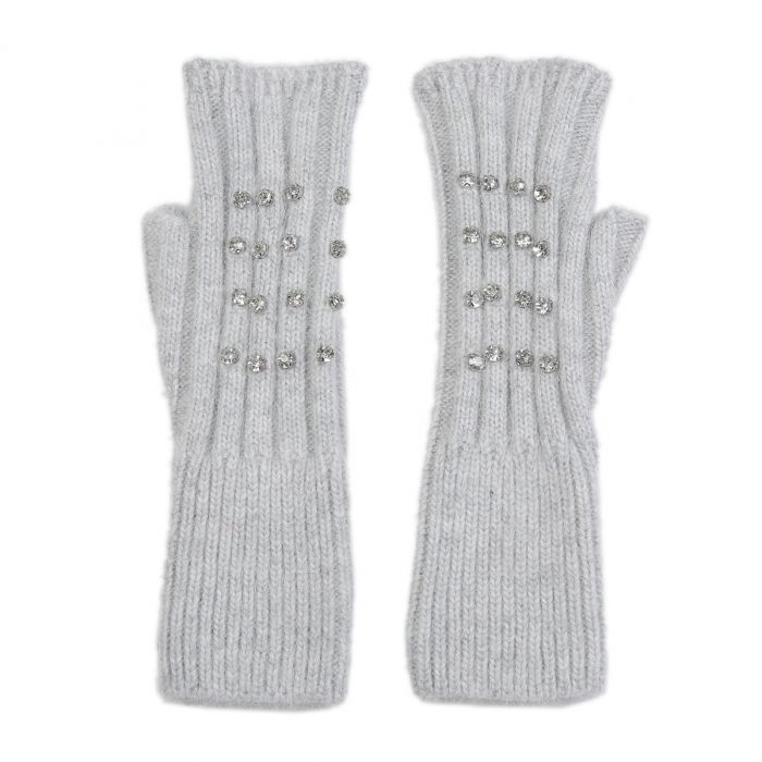 Crystal Studded Knitted Fingerless Gloves - Silver