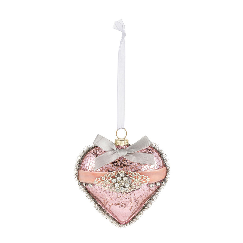 Pink Heart With Ribbon Glass Ornament