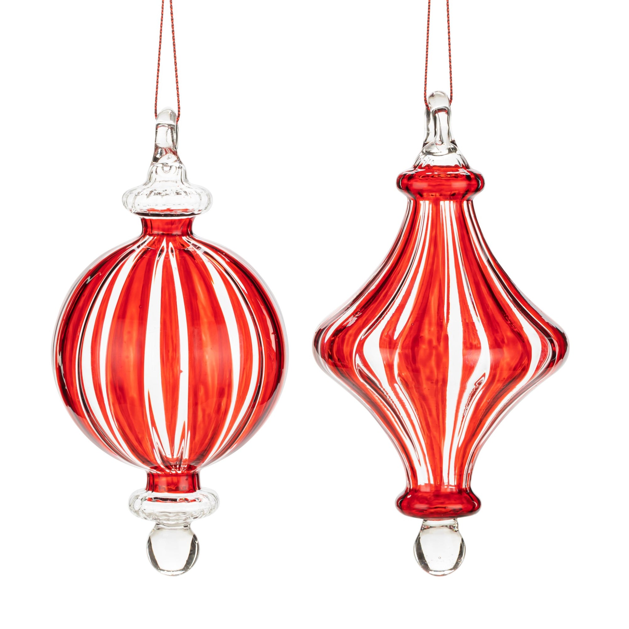 Red and Clear Stripe Glass Finial Christmas Ornament