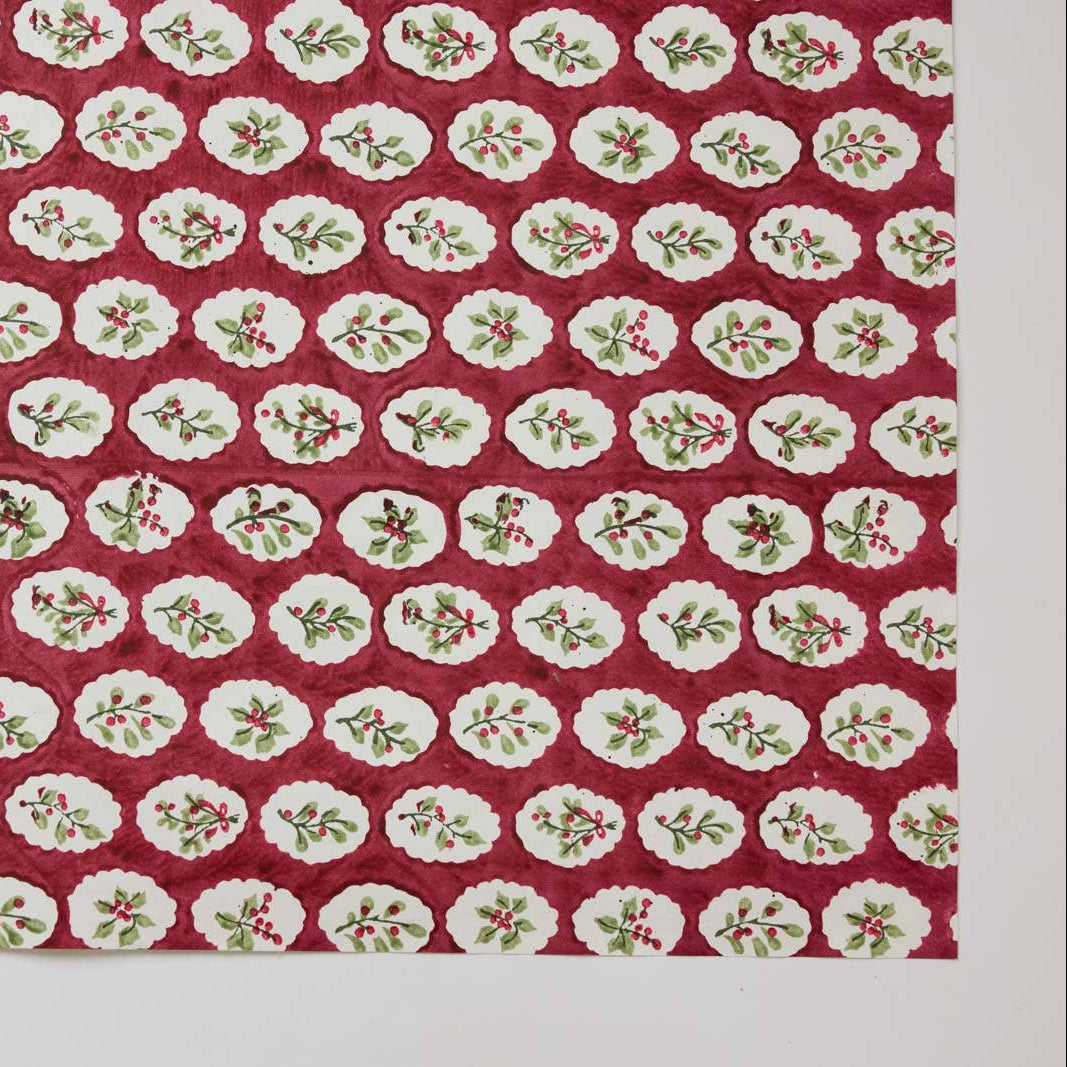 Paper Mirchi Block Printed Wrapping Paper Sheets - Red Scallop Tiles