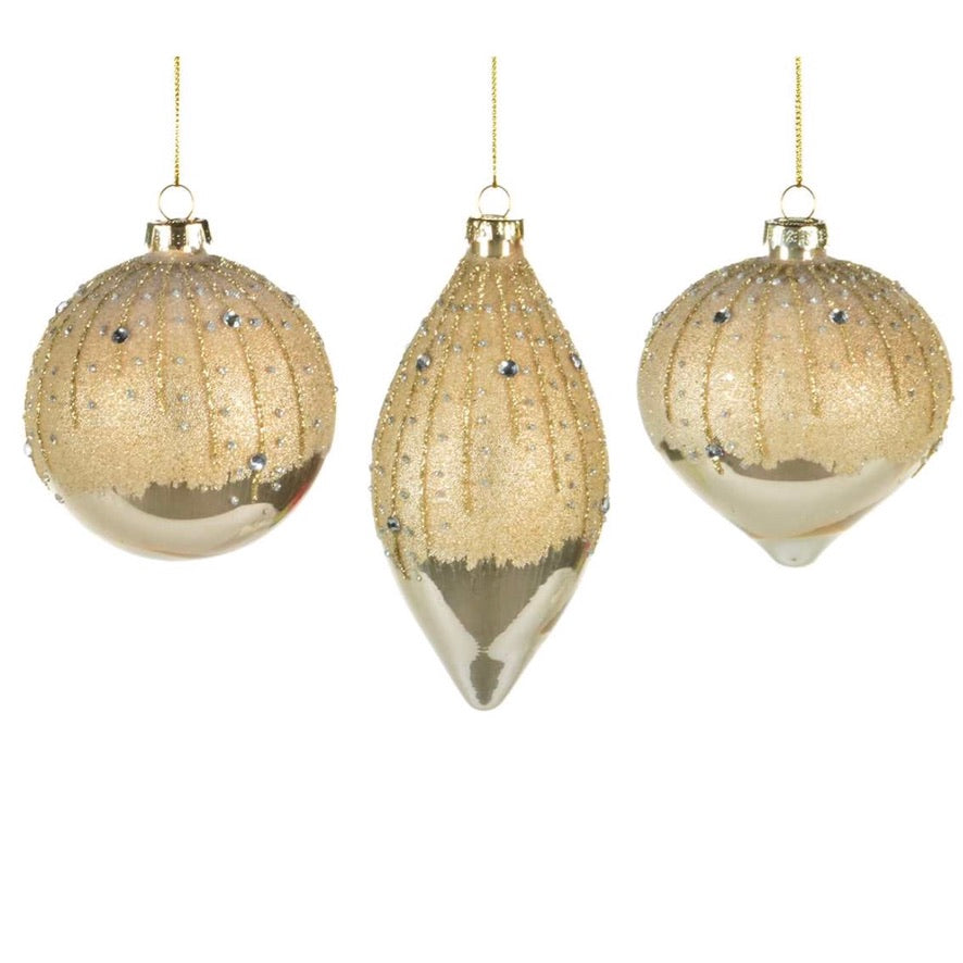 Glittered Champagne Gold with Jewels Glass Ornament