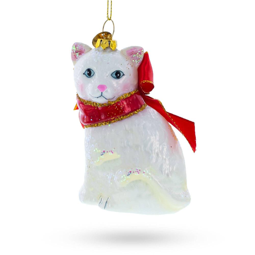 Elegant White Persian Cat Glass Christmas Ornament | Putti Christmas Ornaments