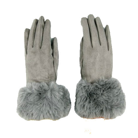 Fur Trimmed Ultra Suede Gloves - Light Grey