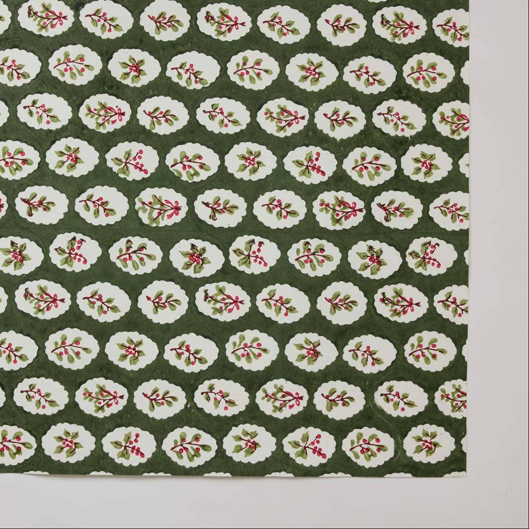 Paper Mirchi Block Printed Wrapping Paper Sheet - Scallop Tiles Holly Green