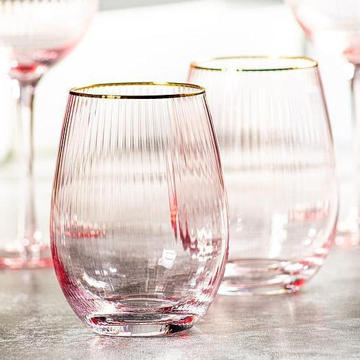 Pink Optic Stemless Wine Glass with Gold Rim | Putti Fine Furnishings Canada