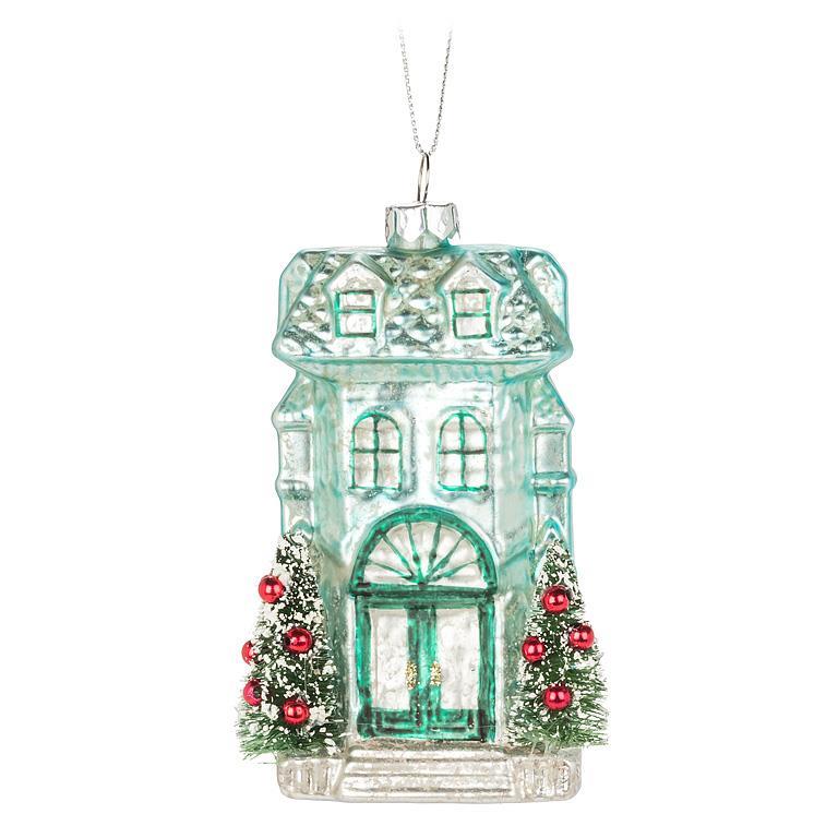Mint House with Brush Trees Glass Ornament | Putti Christmas Celebrations Canada