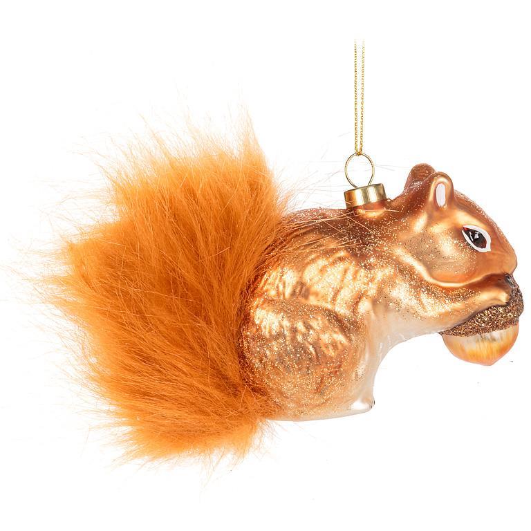 Red Squirrel with Fur Tail Glass Ornament | Putti Christmas Decorations