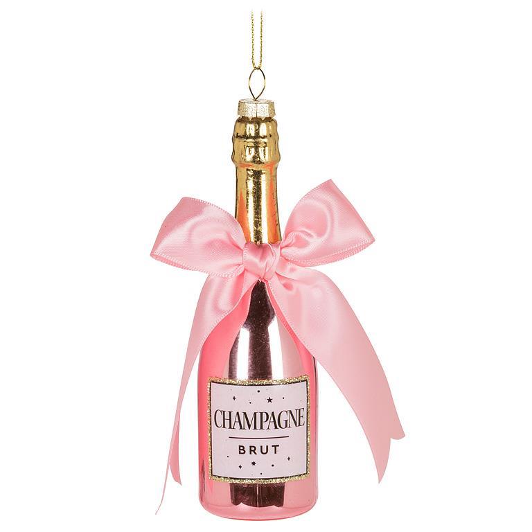 Pink Champagne Bottle with Bow Glass Ornament | Putti Christmas Decorations