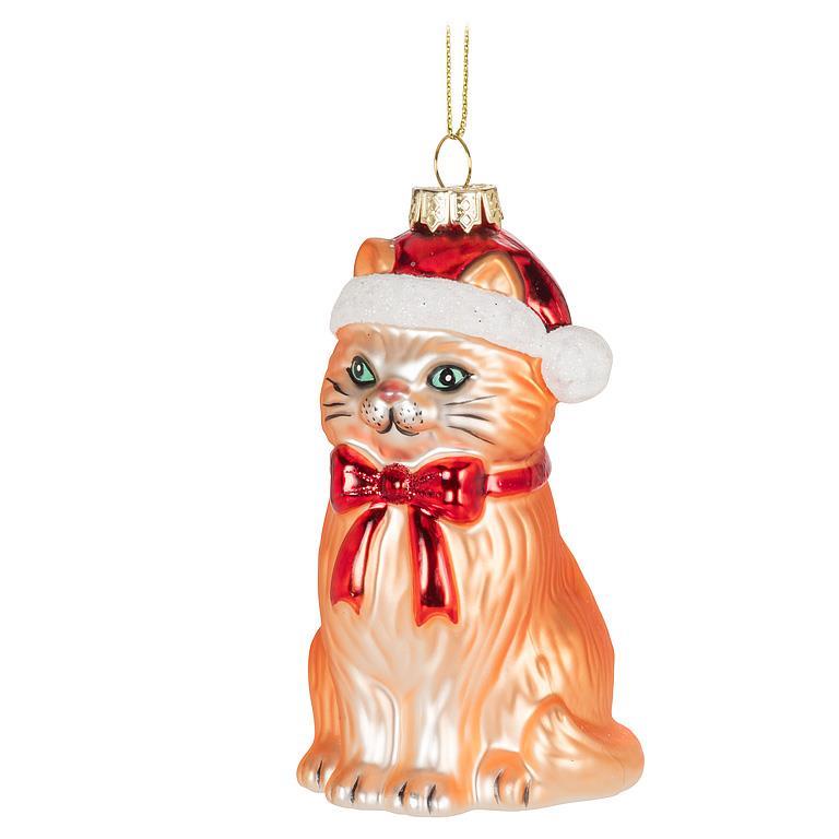 Sitting Cat with Santa Hat Glass Ornament | Putti Christmas Decorations