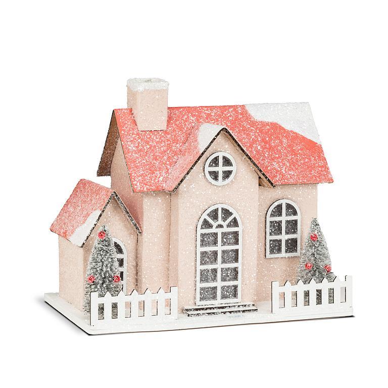 Medium Pink Snowy Glitter House with LED Lights | Putti Christmas Villages