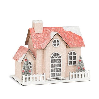 Medium Pink Snowy Glitter House with LED Lights | Putti Christmas Villages