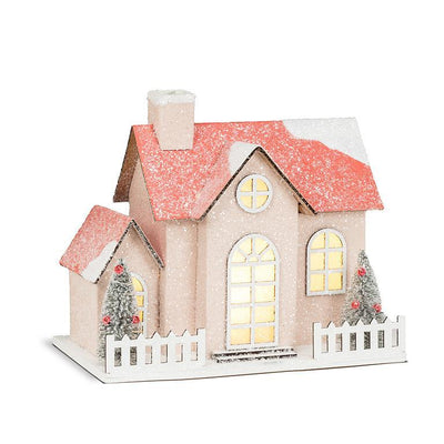 Medium Pink Snowy Glitter House with LED Lights | Putti Christmas Villages