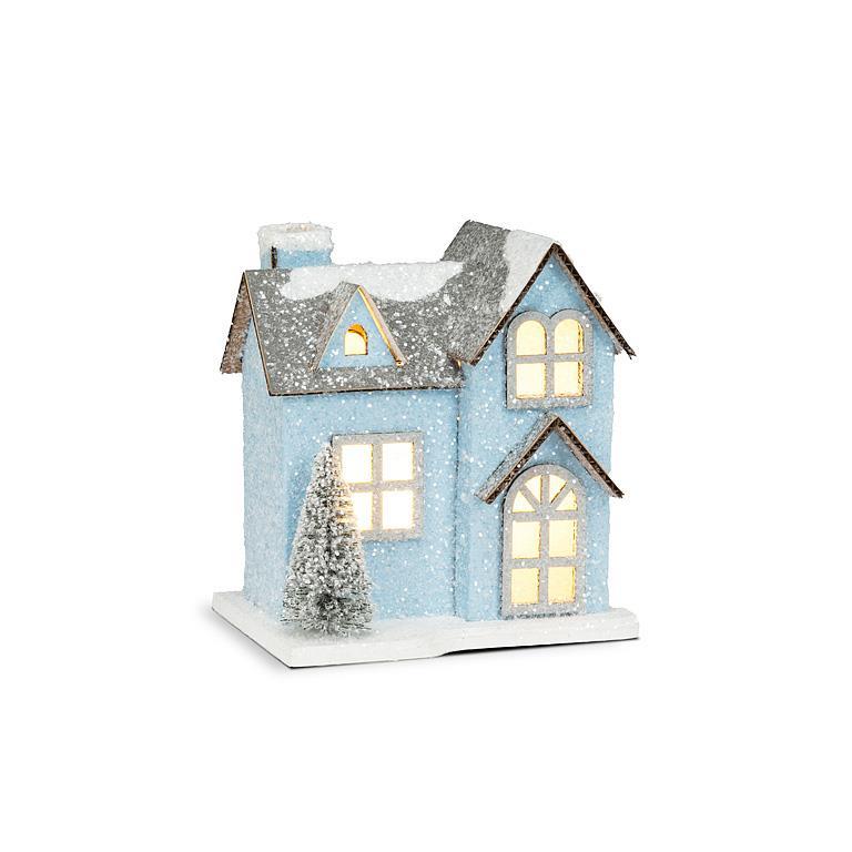 Small Blue Snowy Glitter House with LED Lights