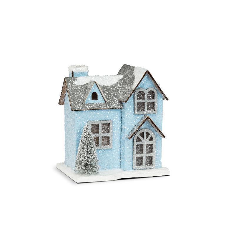 Small Blue Snowy Glitter House with LED Lights | Putti Christmas Villages
