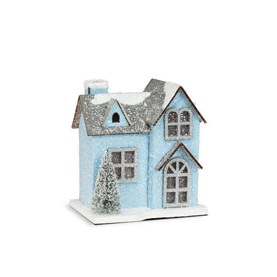 Small Blue Snowy Glitter House with LED Lights | Putti Christmas Villages