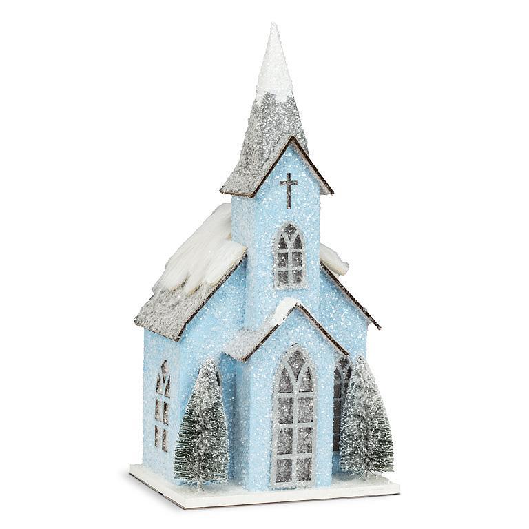 Blue Medium Snowy Glitter Church with LED Lights