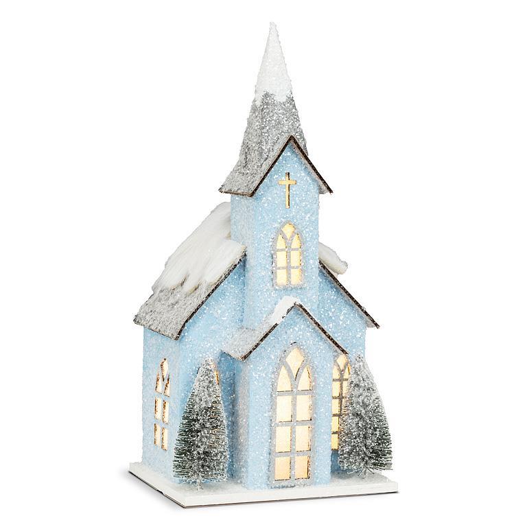 Blue Medium Snowy Glitter Church with LED Lights