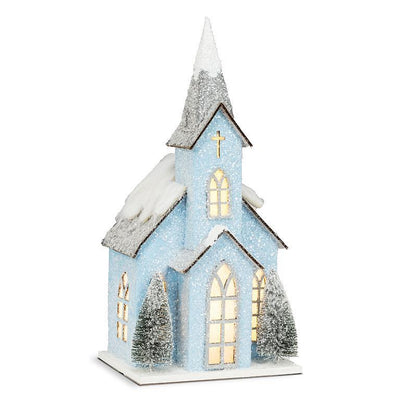 Blue Medium Snowy Glitter Church with LED Lights