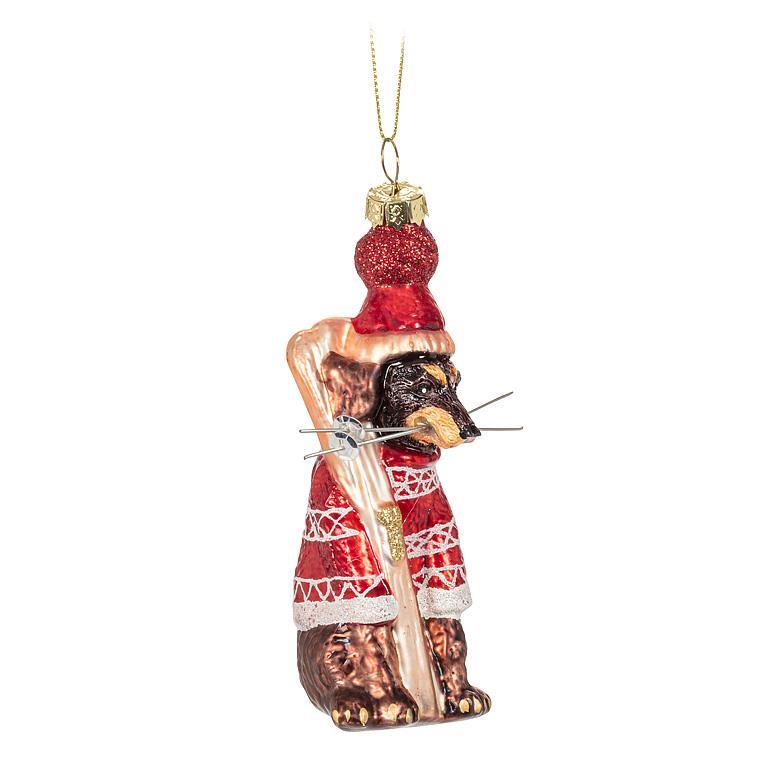 Dog with Skis & Hat Glass Ornament | Putti Christmas Decorations