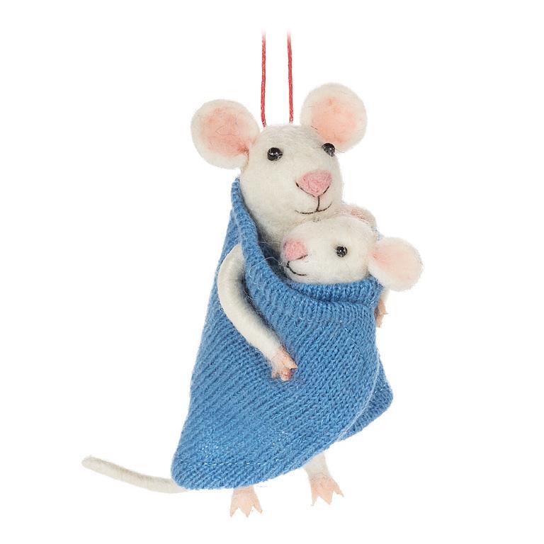 Blue Mother and Baby Mouse Ornament | Putti Christmas Decorations
