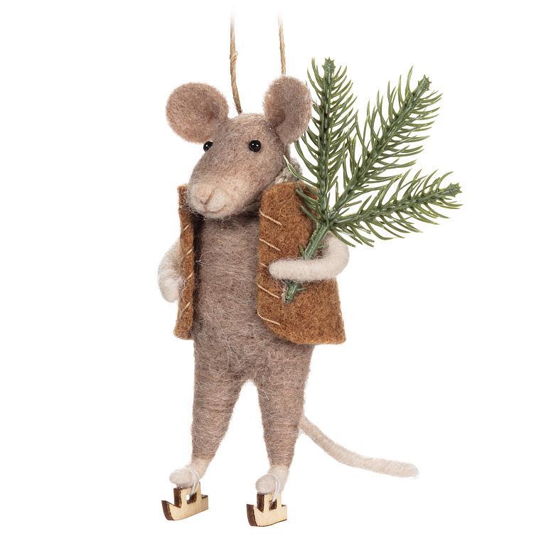 Skating Mouse with Tree Felt Ornament | Putti Christmas Decorations