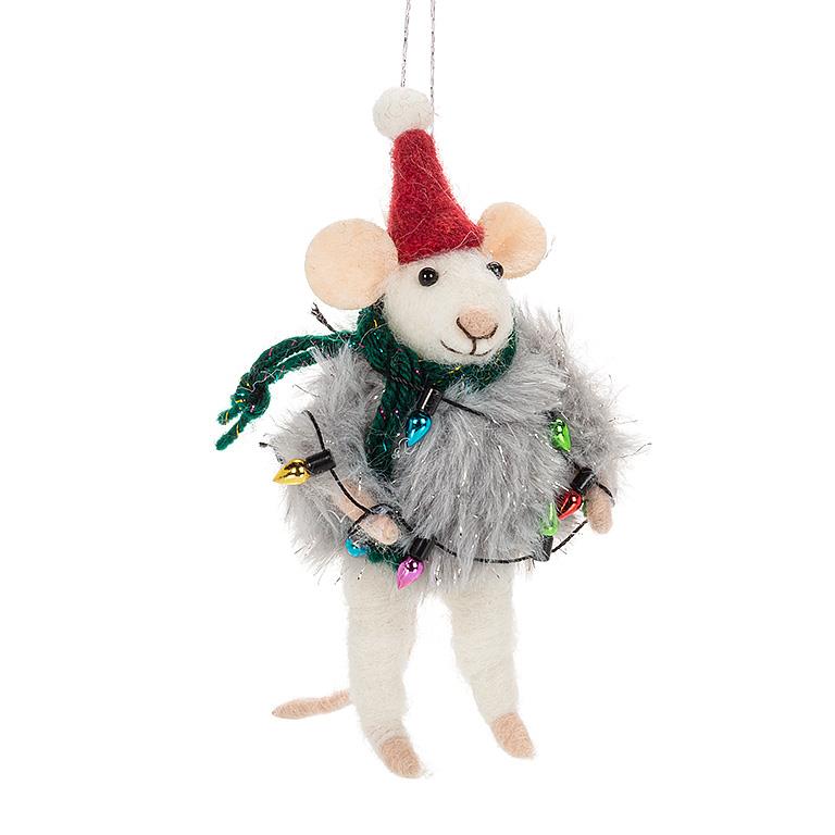 Winter Mouse with Lights Felt Ornament | Putti Christmas Decorations