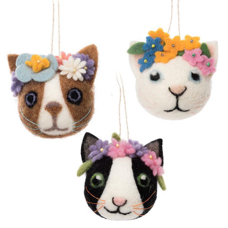 Cat Faces with Flowers Felt Ornament