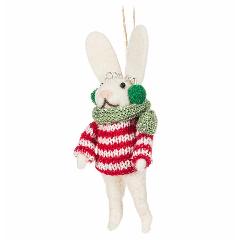 Bunny in Striped Sweater with Ear Muffs Felt Ornament