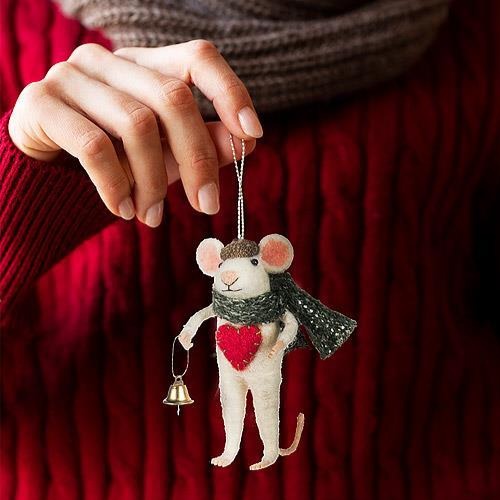 Winter Mouse with Heart & Bell felt Ornament | Putti Christmas Decorations