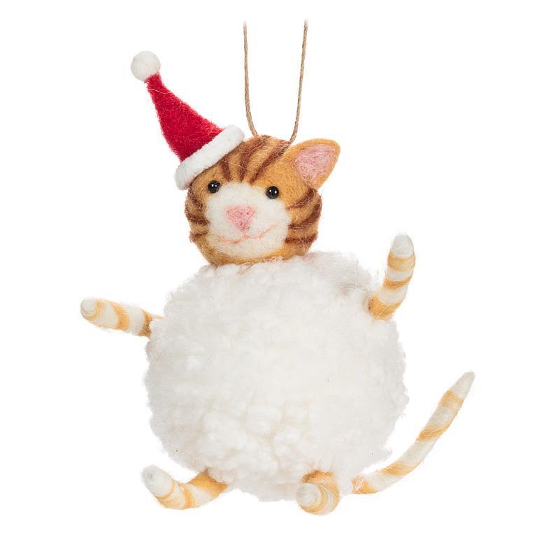 Cat with Hat in Snowball Felt Ornament  | Putti Christmas Celebrations
